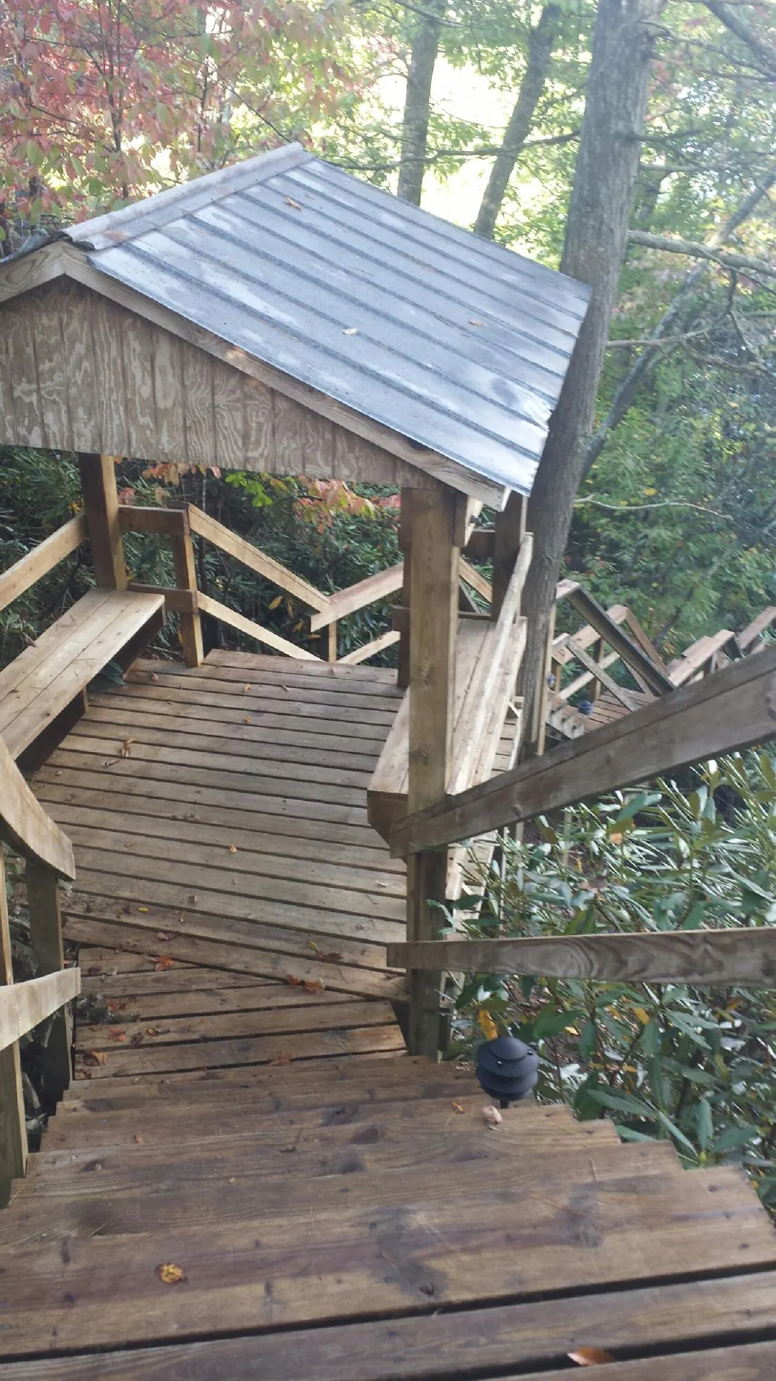 Metal roofed shelter over wooden steps on a wooded walkway — Skylight Repair & Installation work by our crew in Marcellus